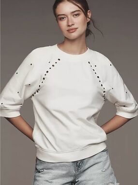 Anthropologie White Eyelet Short-Sleeve Sweatshirt 100% Cotton Size S